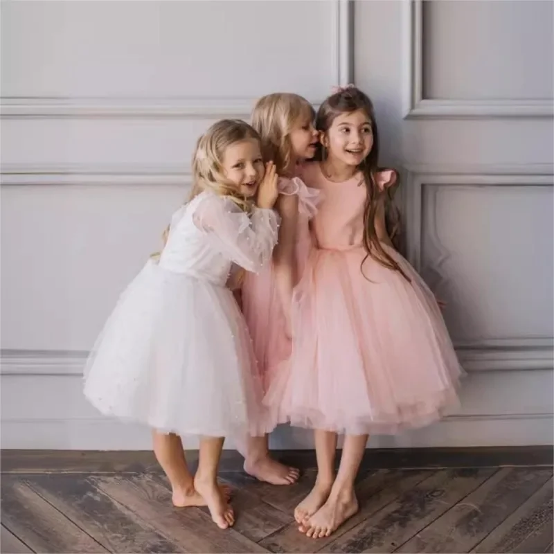 JDY Custom Baby Girl Princess Vintage Pearl Beaded Tulle Dress, Long Sleeve Kids Wedding Party Birthday Infant Outfit