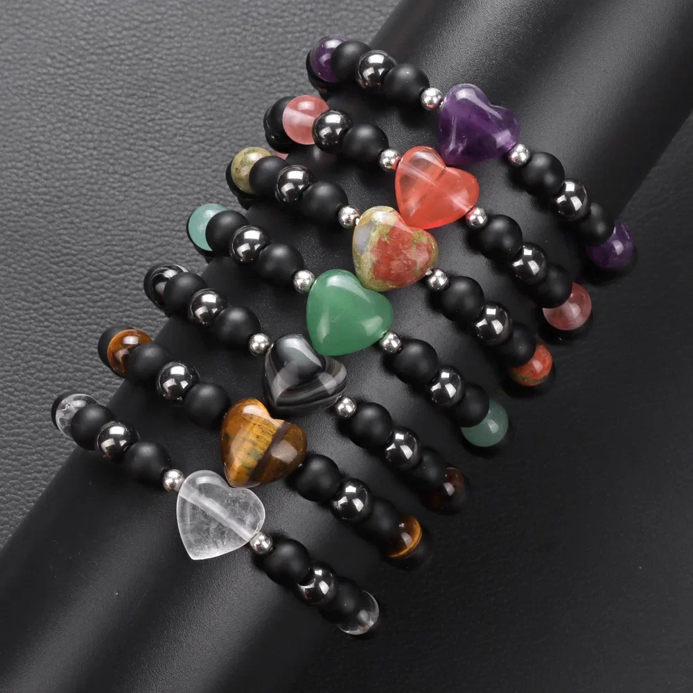 10pcs Chakra Natural Stone Heart Bracelet Rose Quartz Amethysts Hematite Black Beads Bracelets for Women Men Protection Jewelry