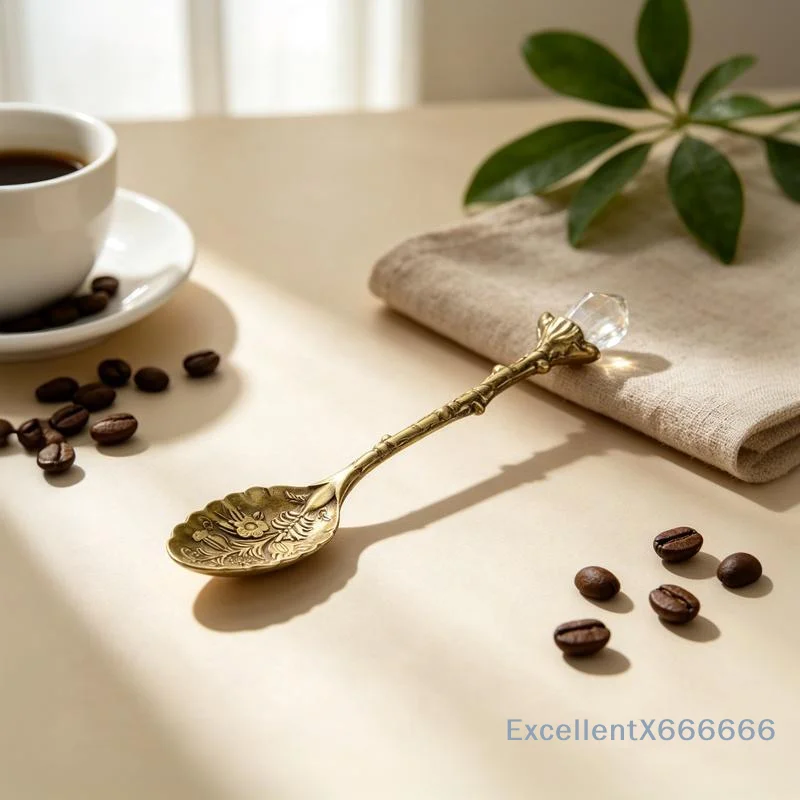 Vintage Leaf Crystal Coffee Spoon Ergonomic Handle Teaspoon for Ice Cream Cake Milk Dessert Kitchen Daily Cooking