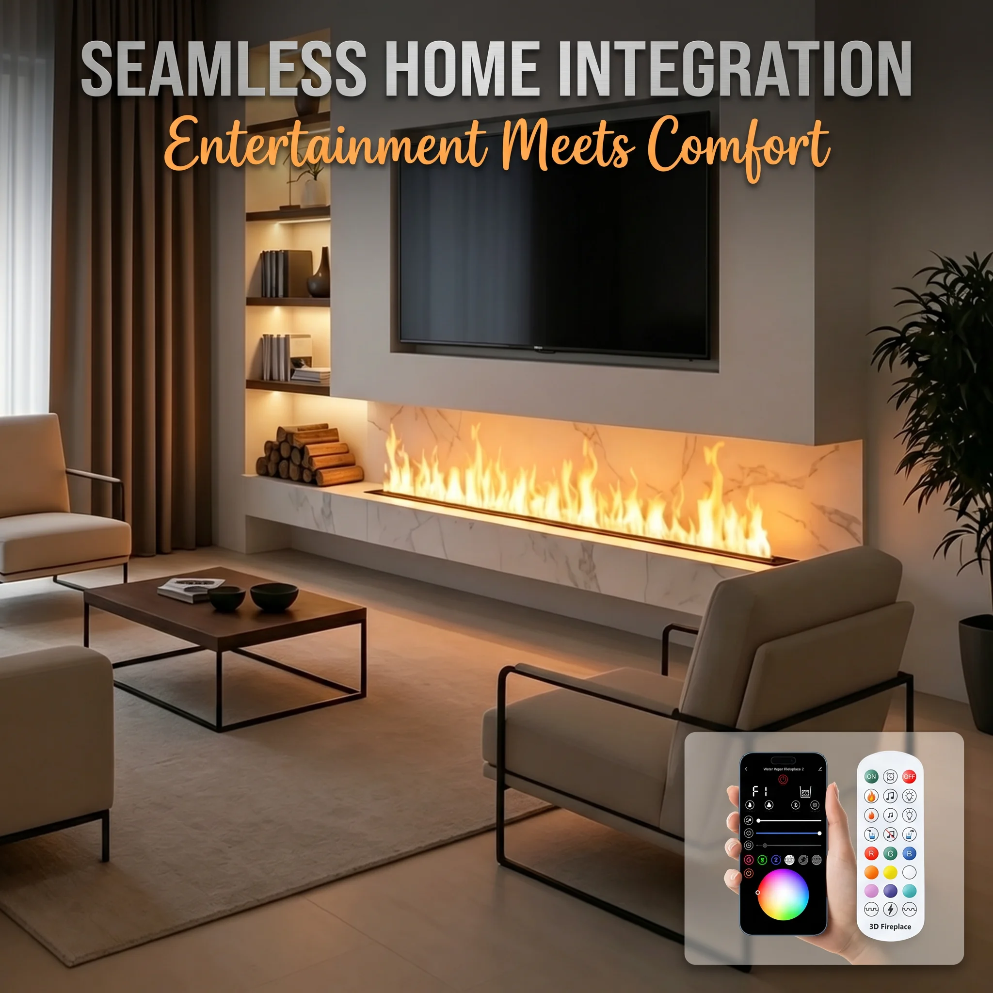 Chimenea Eléctrica Inteligente con Simulación 3D de Llama Atomizada en Vidrio, con Deflector, Humidificador y Vaporizador