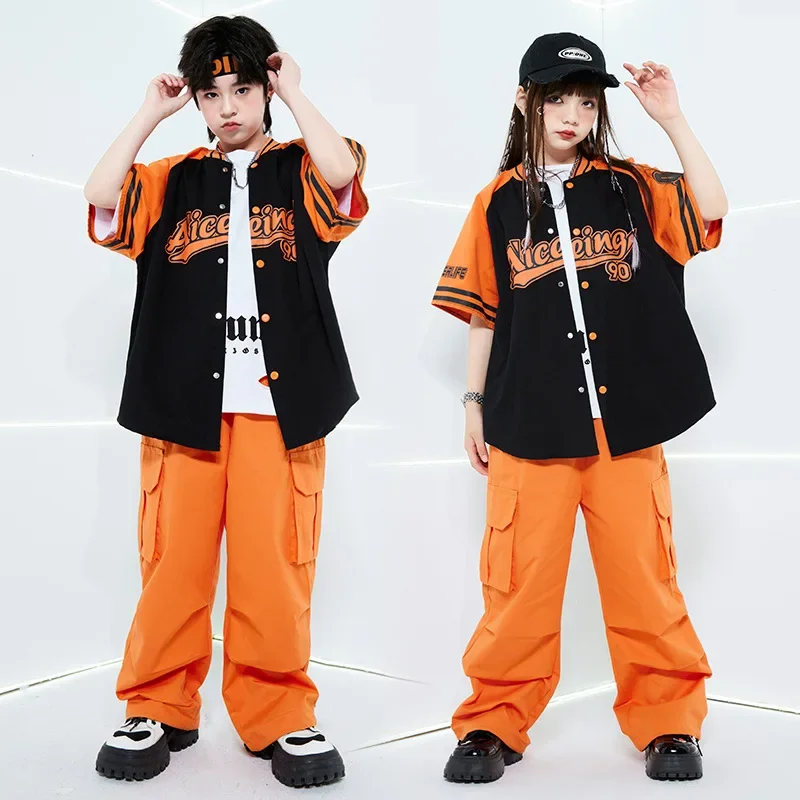 Costume de danse moderne Jazz pour garçons, chemises amples Orange, pantalon Cargo, ensemble de vêtements de spectacle de danse de rue Hip Hop pour filles, nouvelle collection