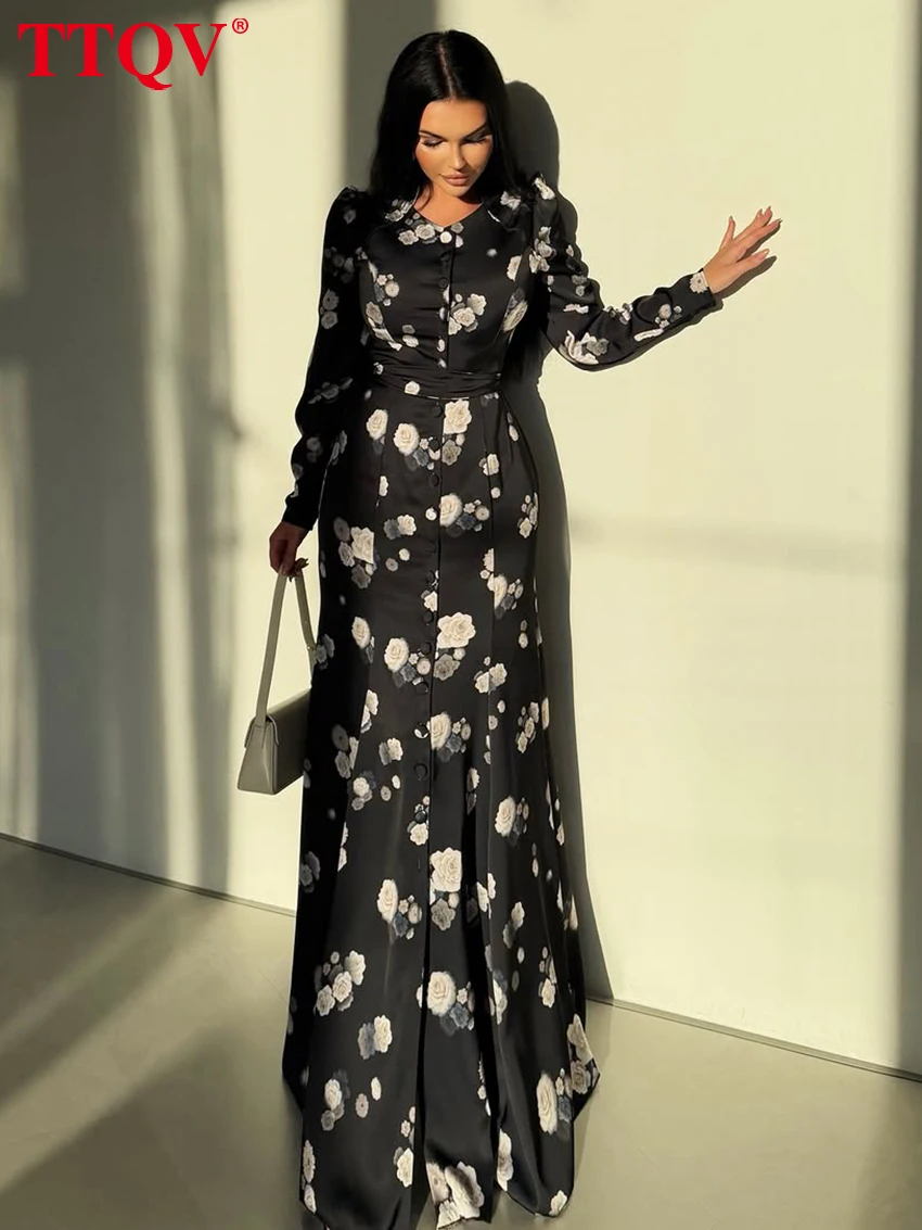 

TTQV Fashion Loose Print Women Dress 2026 Autumn V-Neck Long Sleeve Maxi Dresses Elegant Classic High Waist Pleated Female Dress