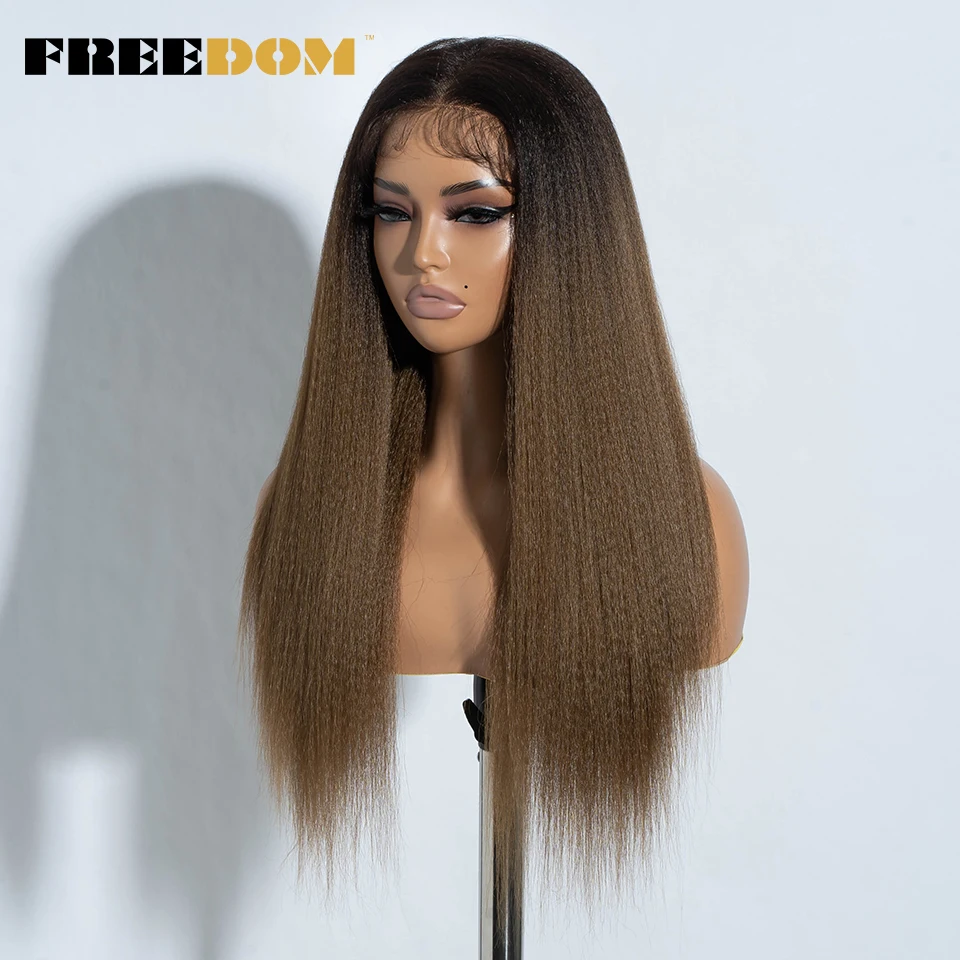 FREEDOM Synthetic Lace Front Wigs For Women Yaki Straight Ombre Brown 613 Blonde Lace Wig Heat Resistant Clearance Cosplay Wig