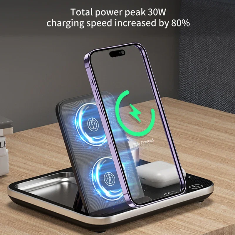 4in1 Portable Wireless Charger Stand for iPhone 15 14 13 12 Pro Fast Charge Wireless Dock Magnetic Foldable With RGB Night Lamp