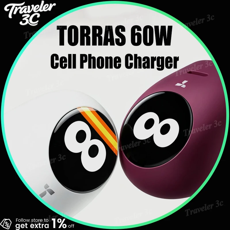 TORRAS 60W GaN Fast Charger Digital Display Dual Port Quick Charge Adapter For IPhone 18 Pro Max IPad Smart Phone 3C Certified