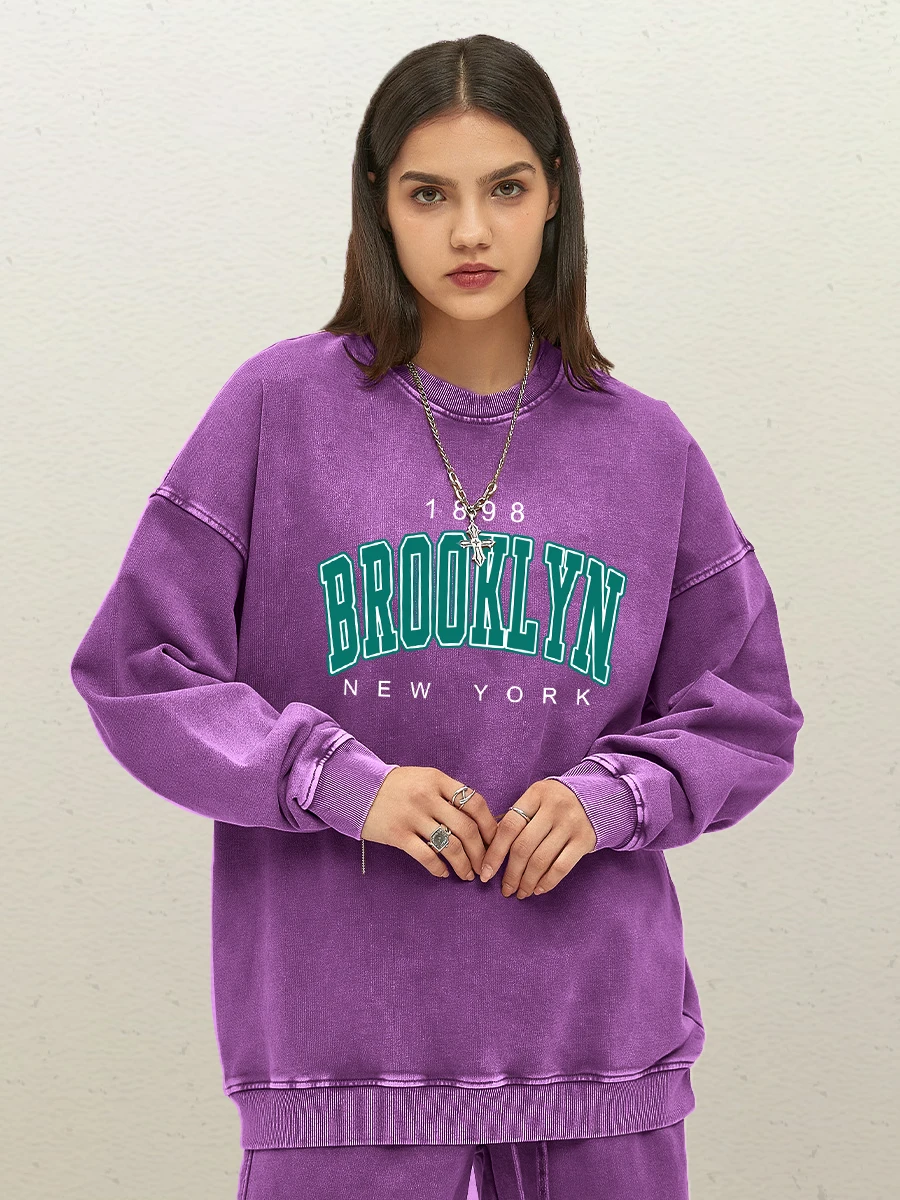 Brooklyn Green Letter Printed Female Washed Cotton Streetwear Harajuku Warm Pullovers Autumn Oversize Clothing Couple Casual Top