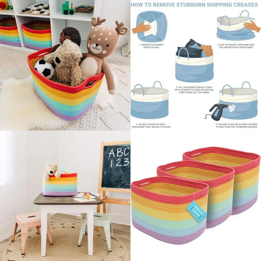 

Set of 3 Rainbow Woven Storage Baskets for Shelves, Decorative Organizer Bins for Kids Room, Nursery & Classroom, Colorful Toy S