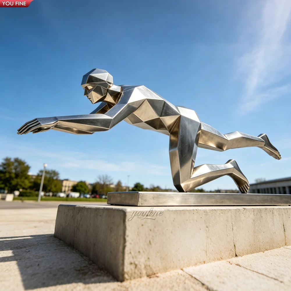 YOUFINE Life Size Stainless Steel Geometric Swimmer Sculpture Abstract Metal Sportsman Statue for Outdoor Landscape