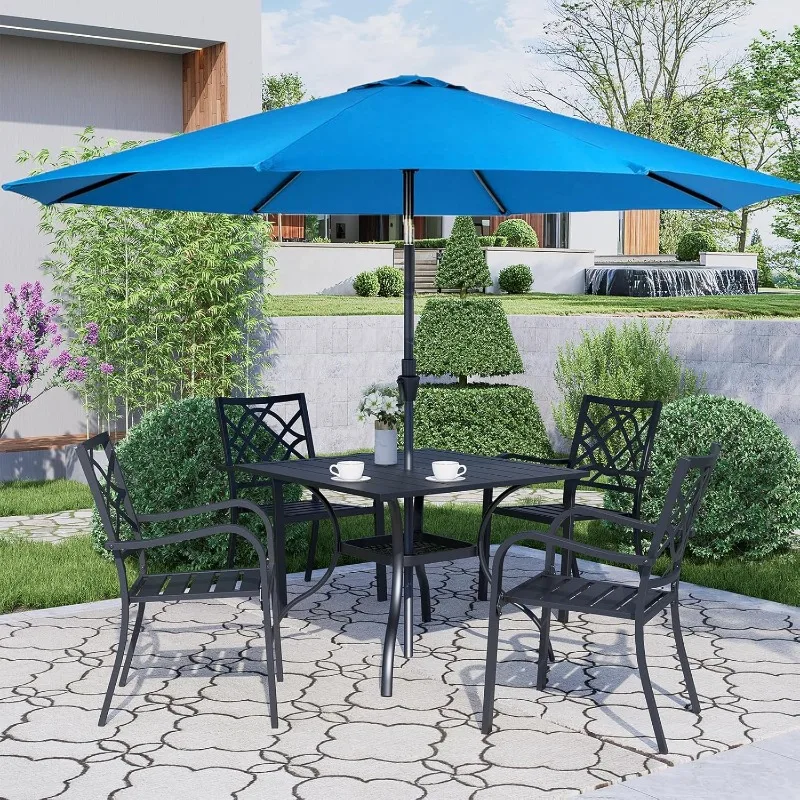 5-Piece Outdoor Wrought Iron Chairs and Table Patio Dining Furniture Set - 4 Stackable Metal Chairs