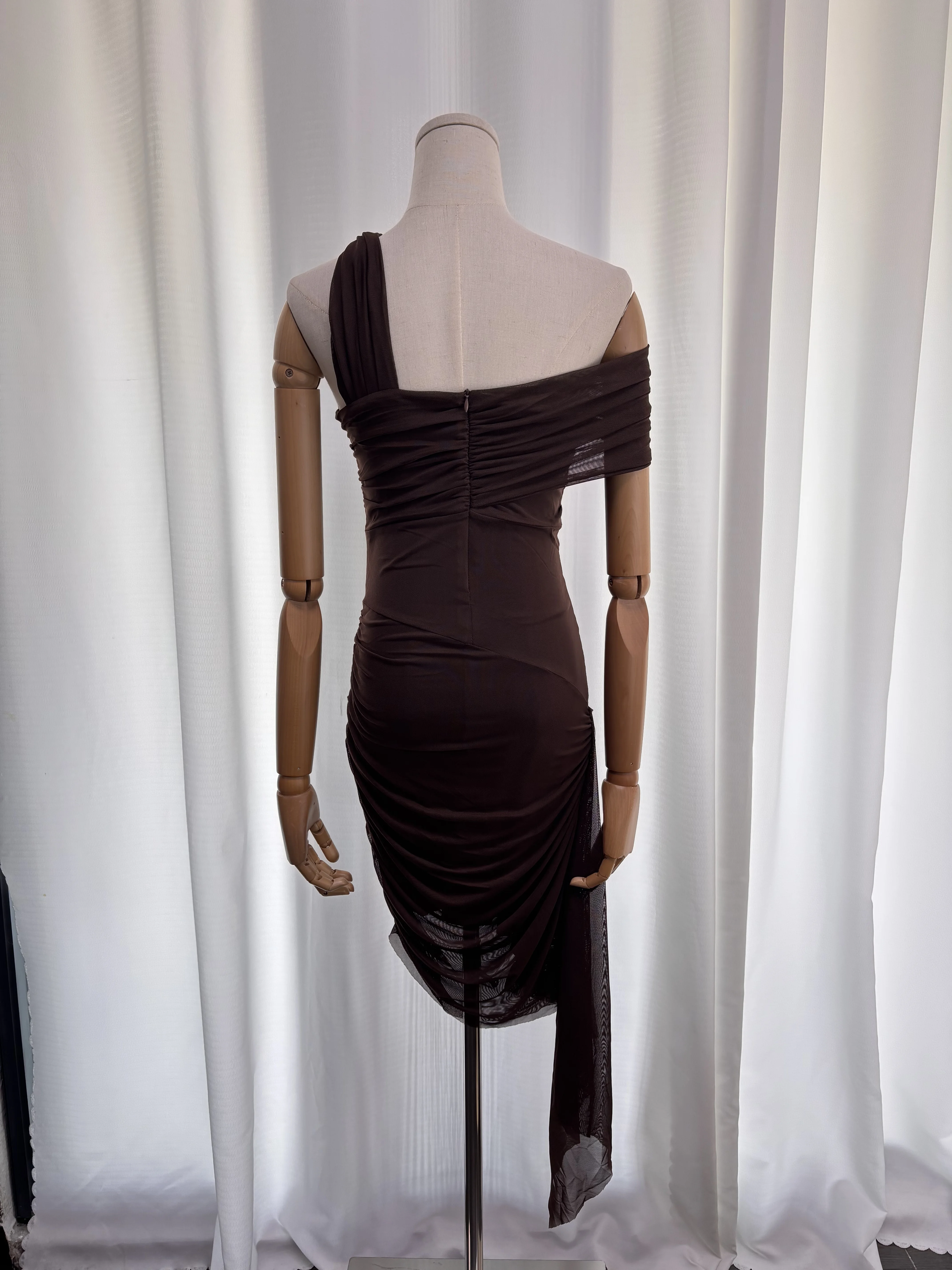 Real Shot Women Sexy One Shoulder Mesh Mini Dress Asymmetrical Streamer Ruched Bodycon Dress Night Club Party Evening Short Dres - view 2