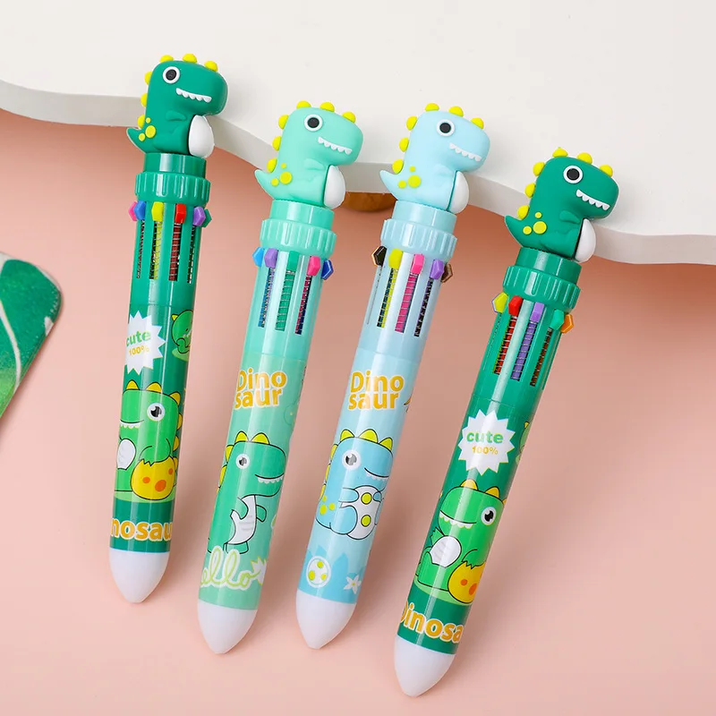 2Pcs Cartoon Cute Dinosaur Multicolor Pen Ten Color Signature Pens Creative Quick-Drying Neutral Pens Writing Smooth Neutral Pen