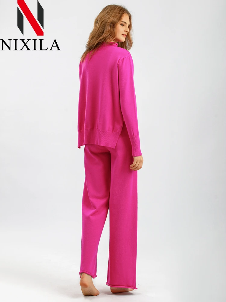 Autumn Winter Knit Women Sweater Pant Sets Half High Collar Casual Fitting Two Piece Sets Womens Outifits Loose Ladies Clothes