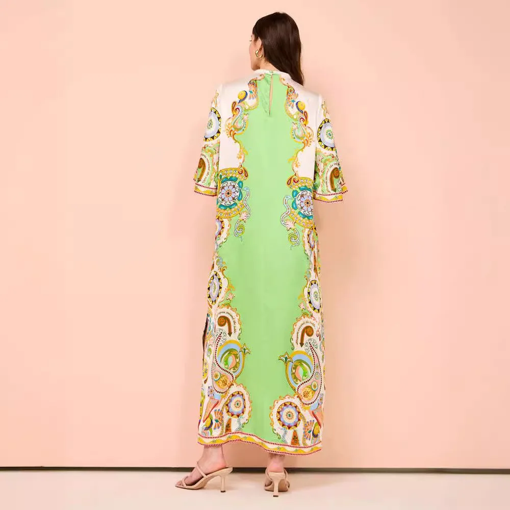 Robe maxi fendue en satin pour femme, positionnement imprimé, été, nouveau, 2024