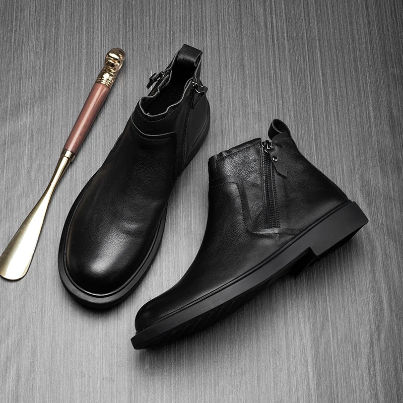 

British style short boots, genuine leather round toe zippered leather boots, trendy and versatile men's boots 2101