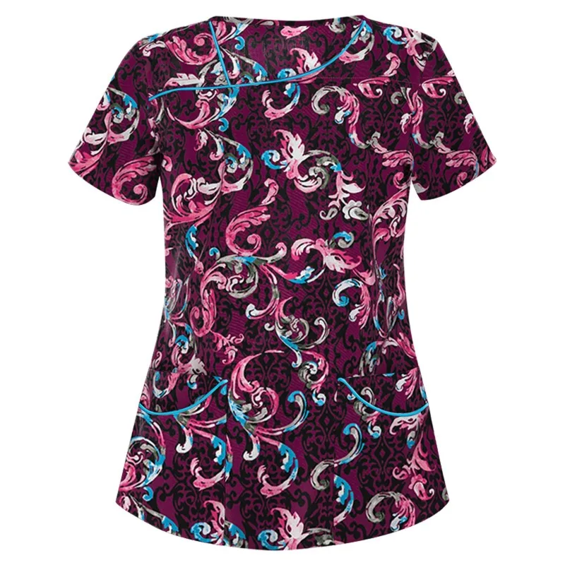 T-shirt tascabile a maniche corte con scollo a V stampata da donna europea e americana Camicia da donna per medico infermiere per salone di bellezza ospedaliero per animali domestici