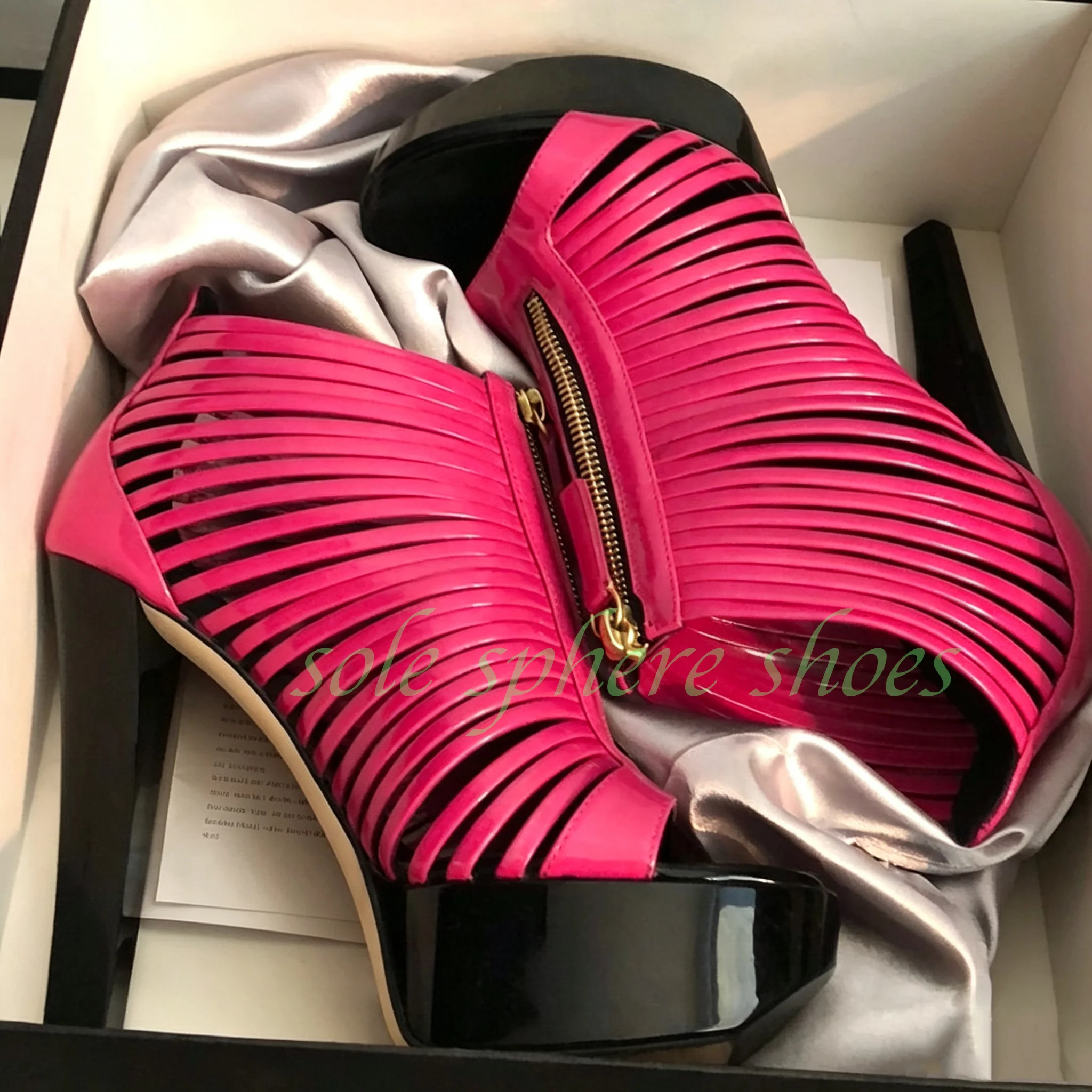 Peep Toe Platform Ankle Boots Hot Pink Patent Metallic Pu Hollow Straps Gold Zipper Stiletto High Heel Women Gladiator Booties