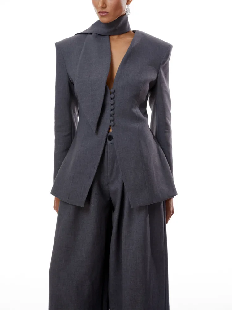 VTKW 2026 New Women Two Piece Suit Halter Neck Blazer Fitted Waist Peplum Hem High Waist Wide Leg Trousers Office Outfit - view 5