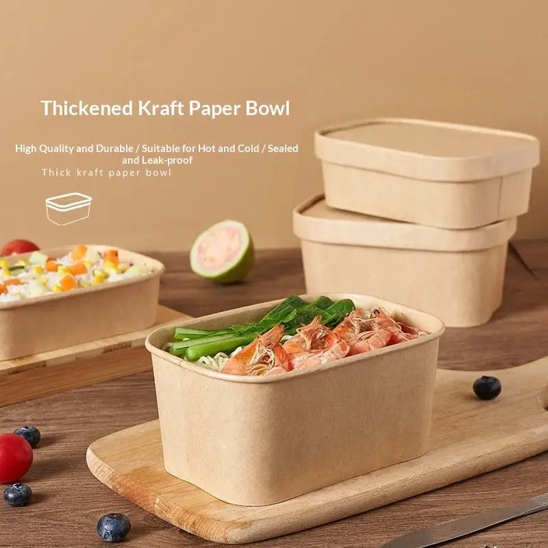 Arrival Disposable Square Kraft Paper Lunch Box 10Pcs Leak Proof With Lid Takeaway Food Packing Container Restaurant Picnic Use