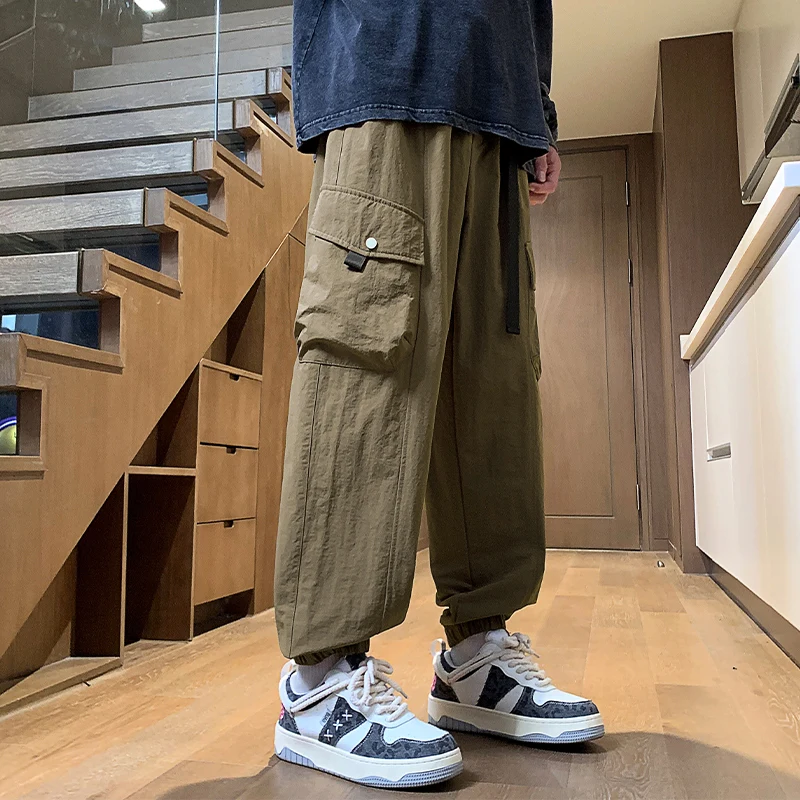 New Arrival Men's Cargo Pants Solid Color Loose Casual Elastic Waist Full Length High Waist Pants Four Seasons Male Streetwear