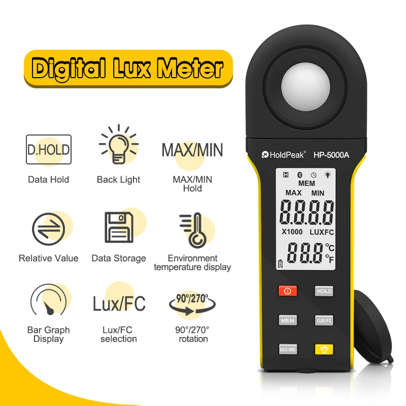 Imagem -02 - Holdpeak-luxmeter de Alto Desempenho Versátil Preciso e Recurso Rico para Medição e Análise de Luz Profissional Hp5000a