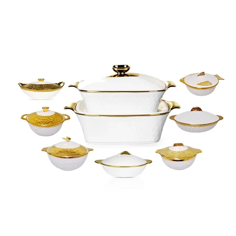 Gold Plated Ceramic Casserole Dish With Lid Hot Pot Thermal Insulation Food Heater Cooler Set
