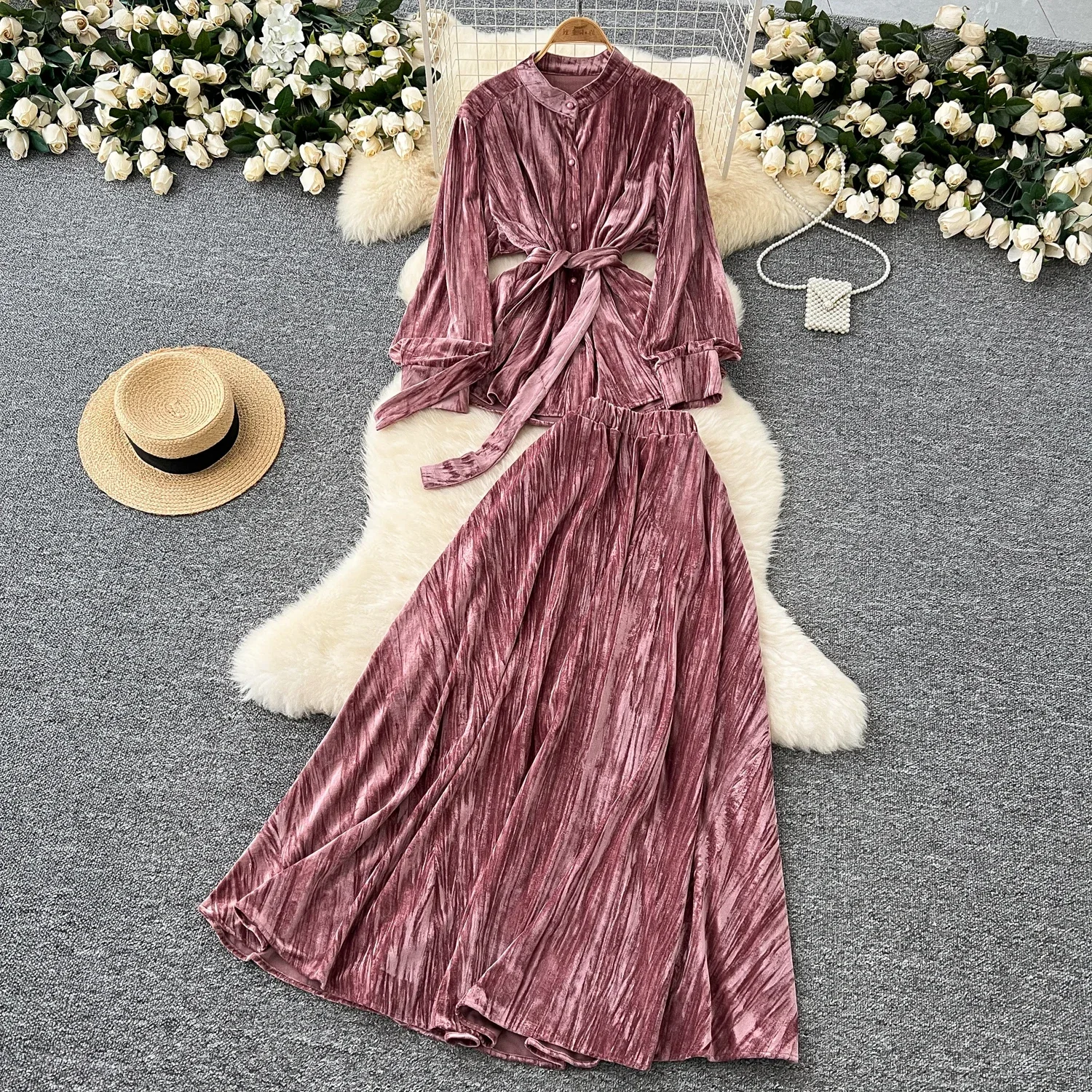 Chic Women Two-Piece Sets Vintage Single Breasted Bandage Lantern Sleeve Top High Waist Skirt Korean High Street Velvet Clothing