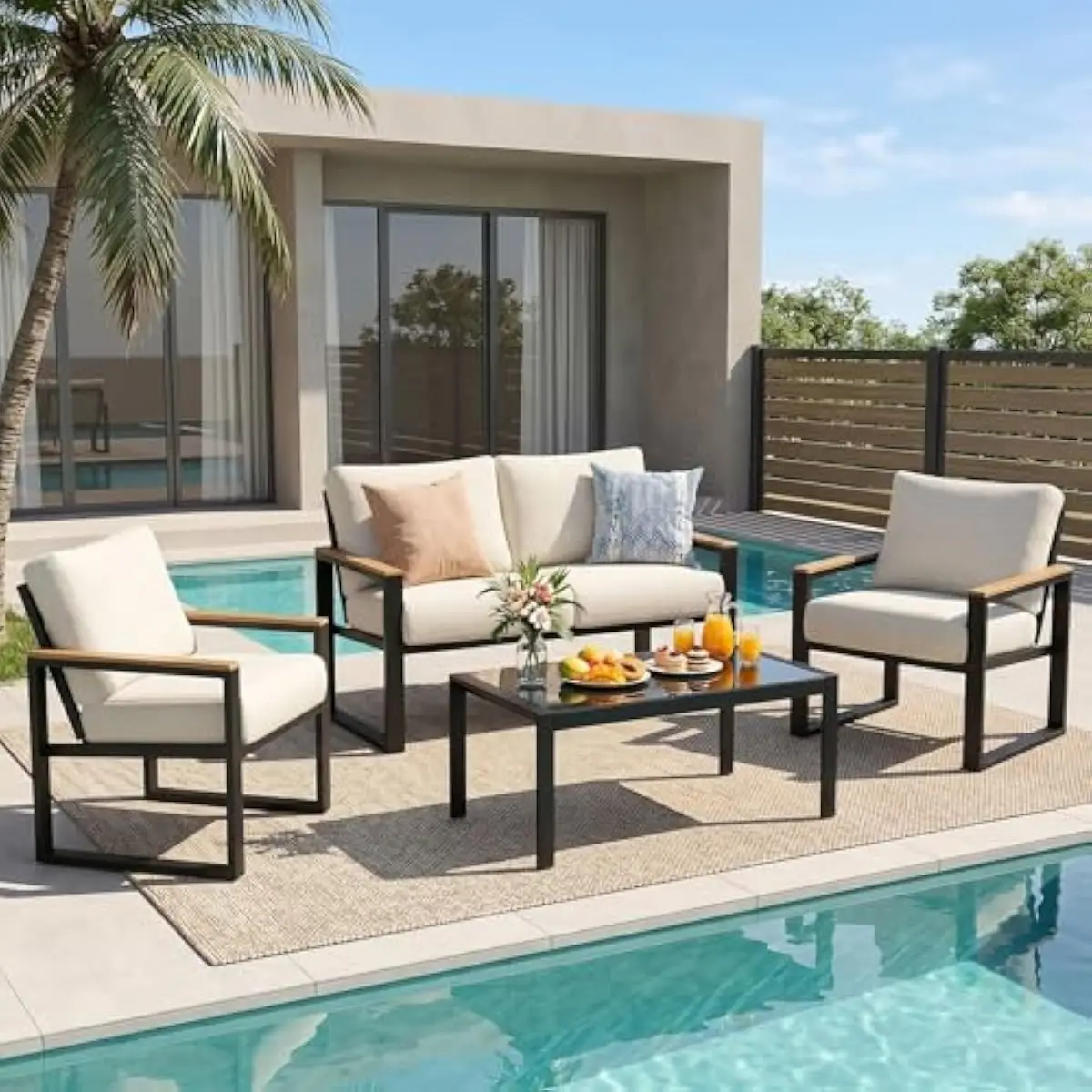 4-Piece Modern Outdoor Seating Set Featuring Powder-Coated Iron Frame Tempered Glass Table Olefin Cushions Textilene Mesh Backre