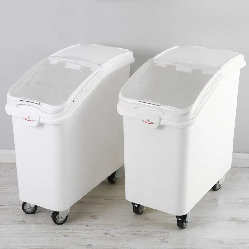 100/120L Commercial Hotel Kitchen Mobile Plastic Food Safe Storage Ingredient Bin Sugar Rice Cereal Bucket Flour Bins With Wheel