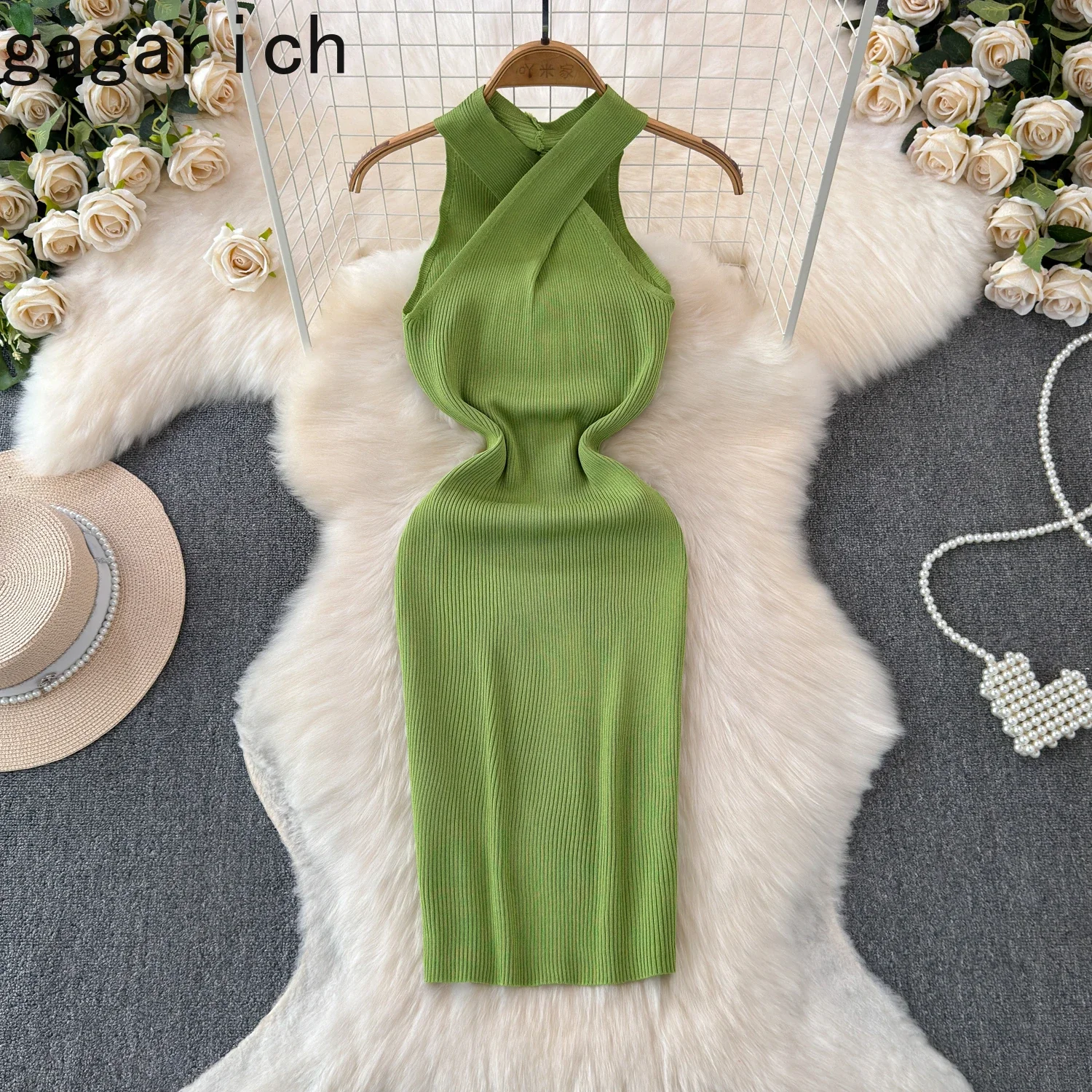 Gagarich Elegant Solid Sheath Off Shoulder Knitting Dress Woman Gentle Cross Halter Design Sleeveless High Waist Simple Vestidos