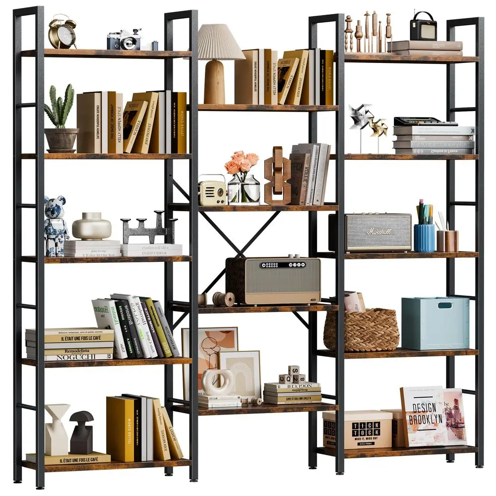 

Triple Column 5 Tier Bookshelf, Industrial Large Bookcase Display Shelves, Large Etagere Bookshelf,Wide Book Shelf Book Case fo