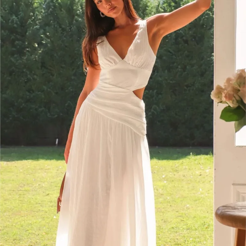 جديد الصيف عادية أكمام مطوي فستان طويل vestidos سيدة الموضة الخامس الرقبة رداء فستان بلون الجوف عارية الذراعين فستان المرأة #6