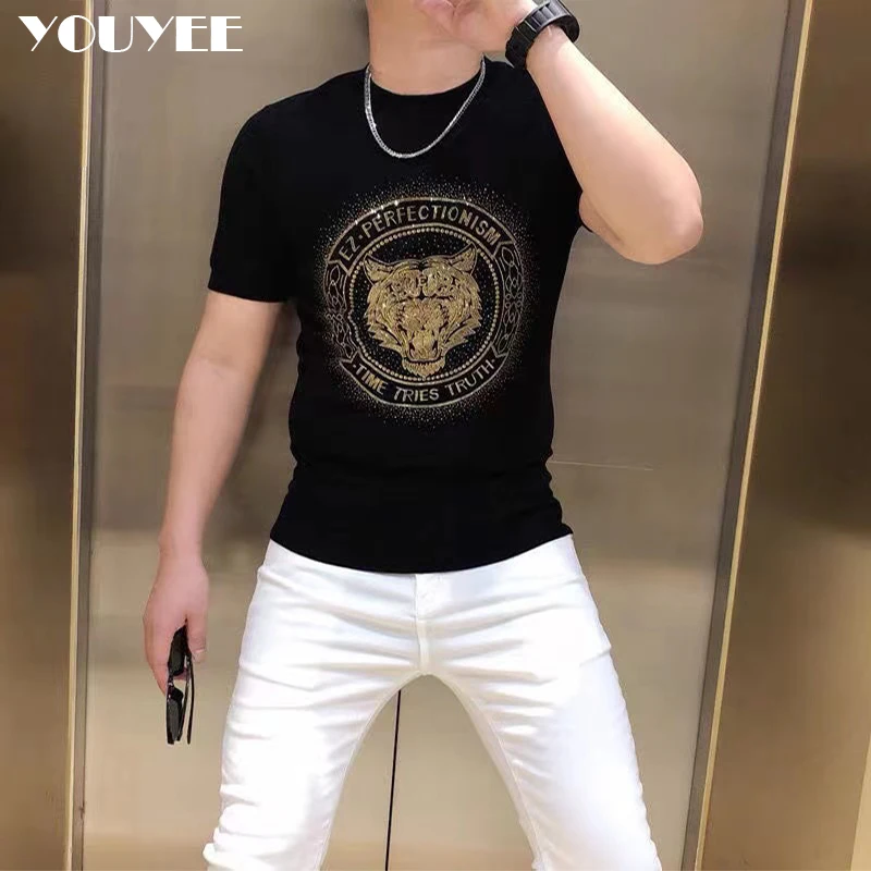 

Summer New Cotton Short Sleeve T-shirt Male Fashion Tiger Head Hot Diamond Round Neck Casual Tees Bottoming Top Men’s Clothing