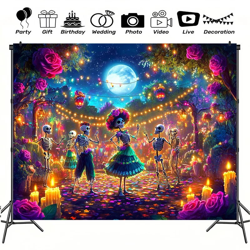 Day of the Dead Skeleton Dance Tapestry Colorful Moonlight Party Wall Decor Mexican Festival Sugar Skull Rose Candle BohemianArt