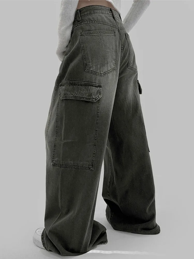 Vrouwen Vintage Zakken Baggy Cargo Jeans Y2k Streetwear Harajuku Hoge Taille Wijde Pijpen Broek Denim Broek Alt Kleding Donkergrijs