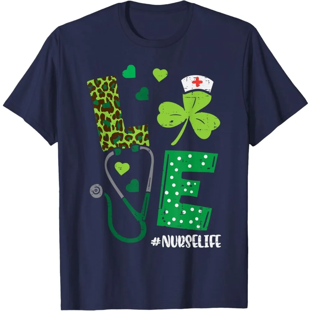 Love Shamrock Stethoscope Nurse Life St. Patrick's Day T-Shirt Casual Cotton Short Sleeve Graphic Tee for Women Irish Nurse Gift