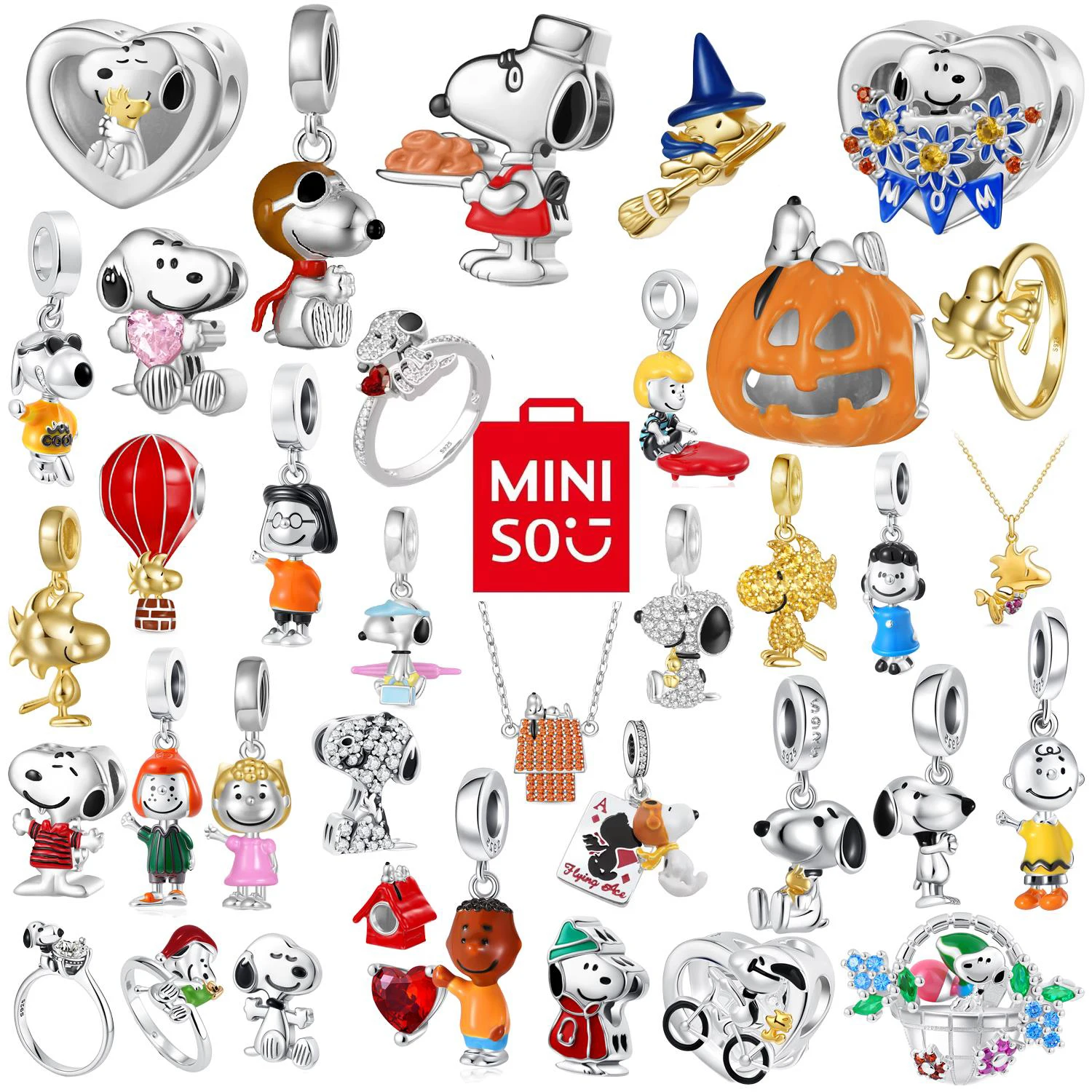 Venta caliente MINISO PEANUTS Snoopy colgante cuentas anillo collar camarero Snoopy 925 plata Chamrs Navidad Halloween 2025 regalos para niños