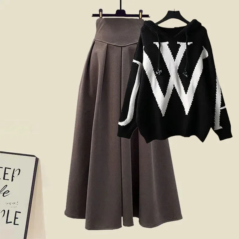 Autumn and Winter Set Women\'s 2023 New Korean Style Knitted Hooded Sweater High Waist Half Skirt Two Piece Set Fashion