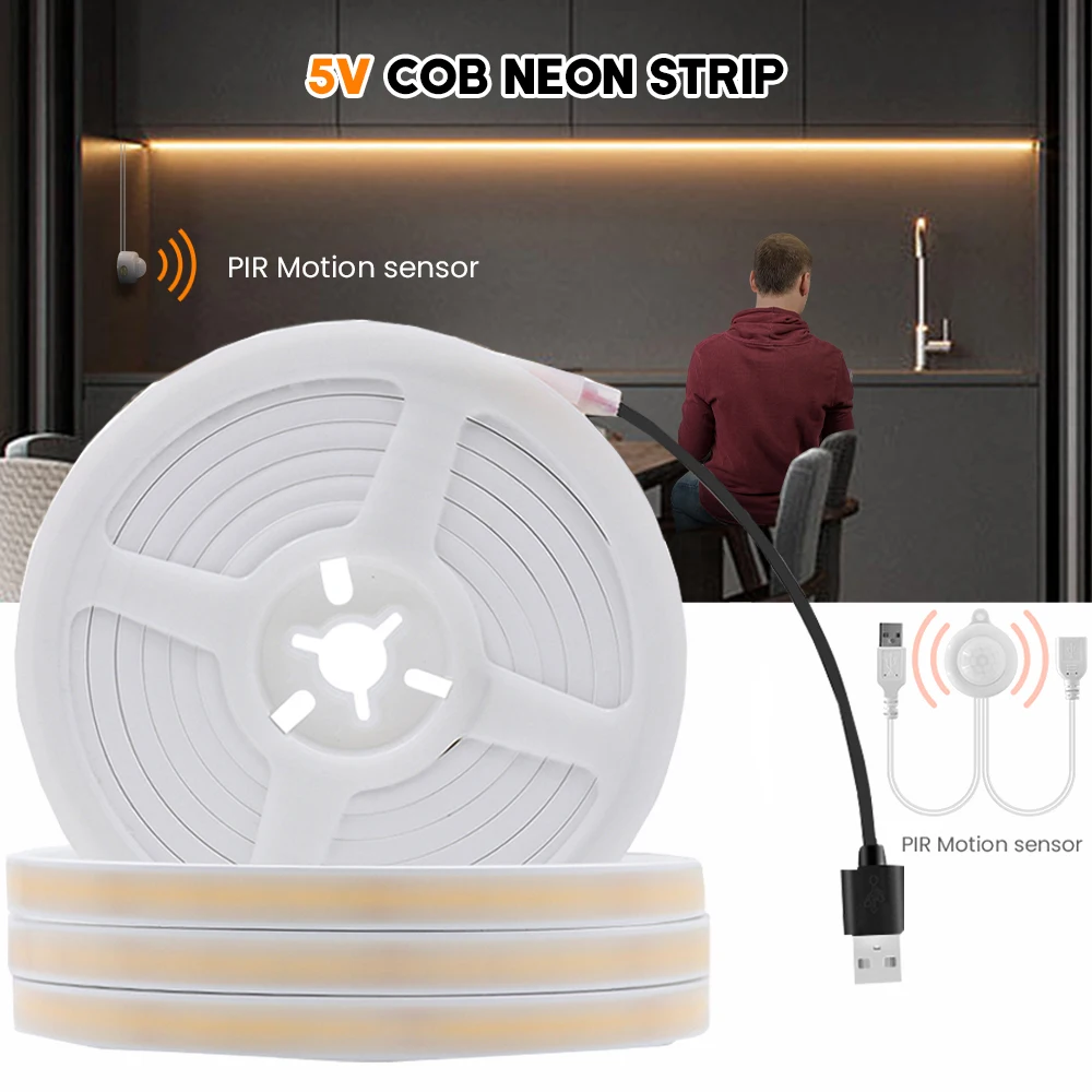 5V Smart PIR Motion Sensor COB Neon LED Strip Light Auto ON/OFF Remote Control 320led/m Waterproof Kitchen Stair Wardrobe Decor