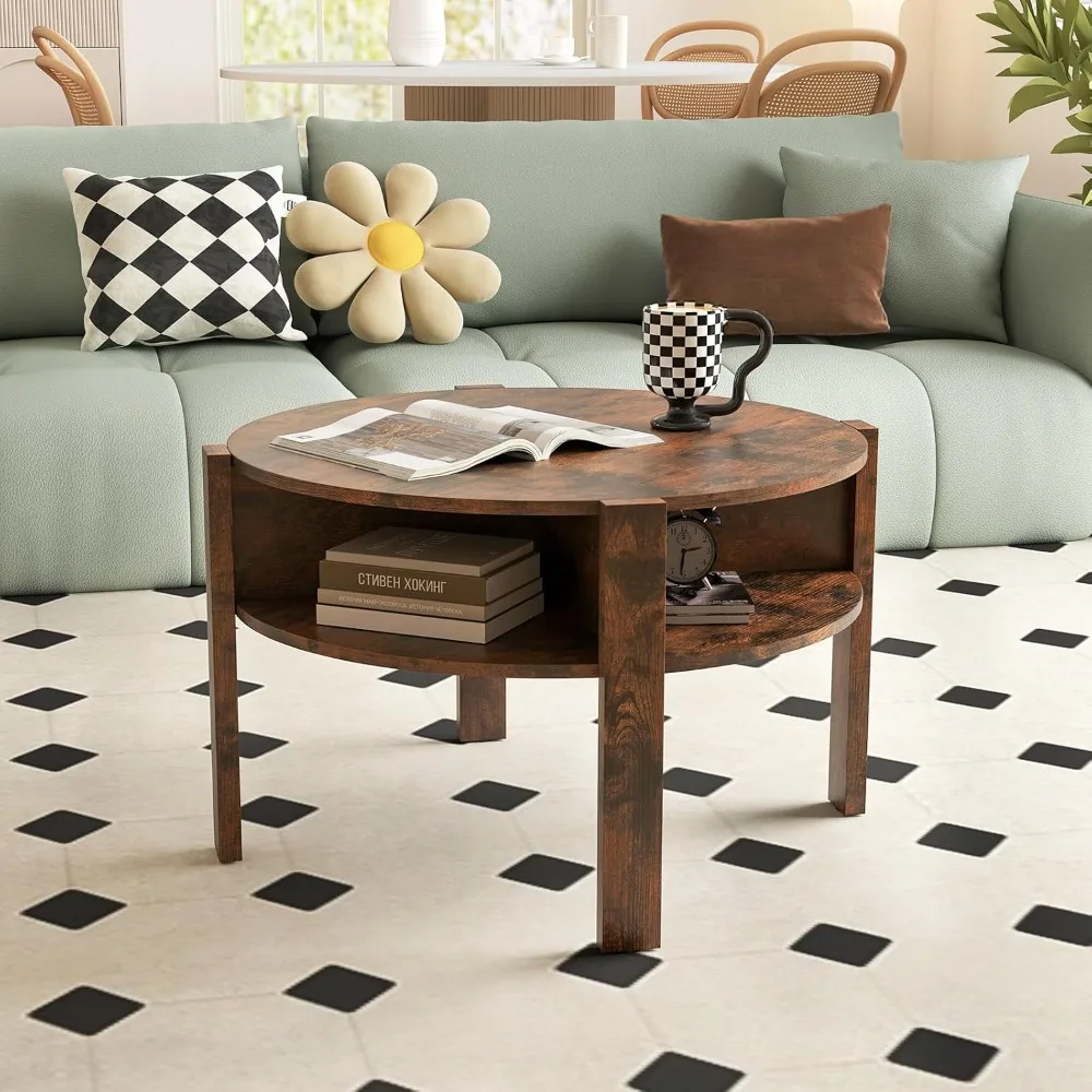 Ronde salontafel met 2 niveaus en opbergplanken voor kleine ruimtes, woonkamer, roestkleurig