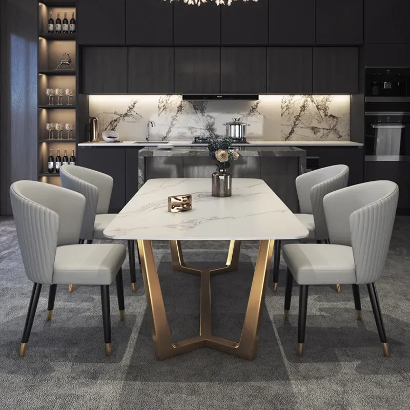 Rock Slab Dining Table and Chair Set Stainless Steel Rectangular Household Living Room Kitchen Custom Induction Cooker