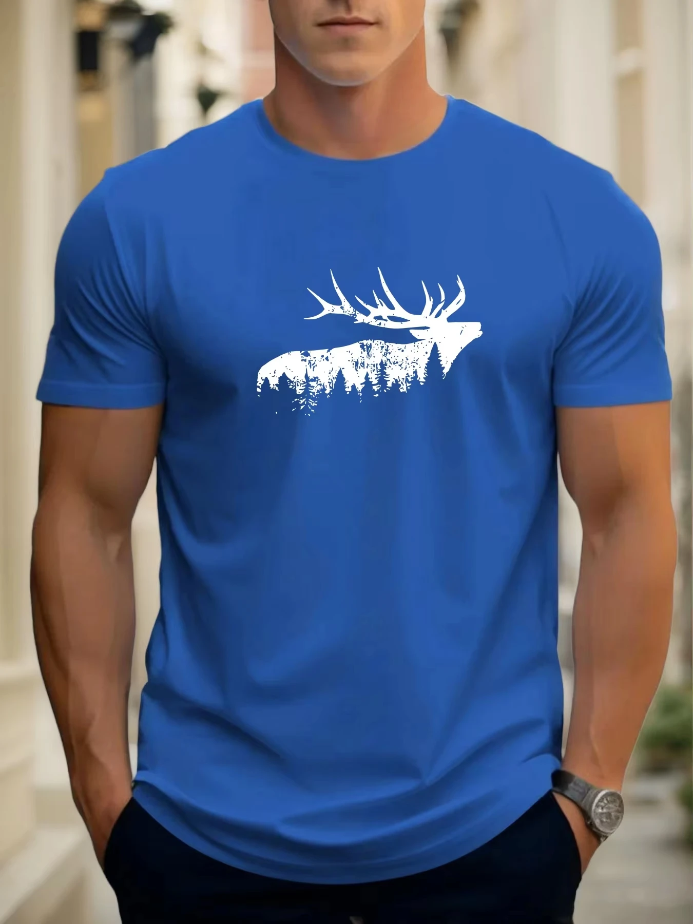 Reindeer Pattern Printed Men's T-shirts Summer Casual Sports Fashionable High Quality Round Neck Short Sleeved Pullover Tops