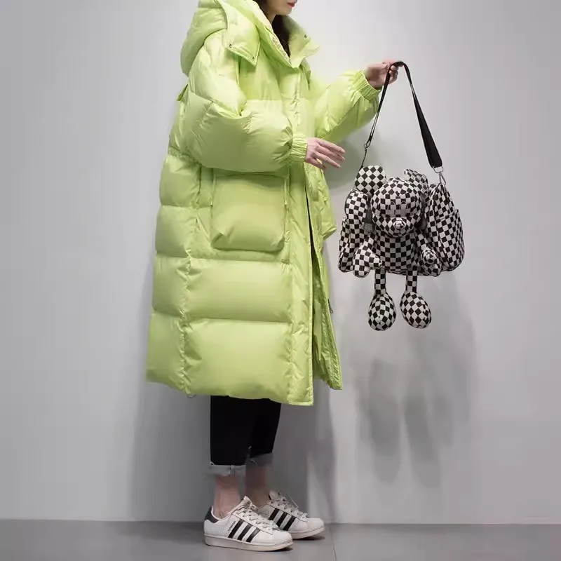 Fluorescent green Down Jacket Women\'s 2023 Winter New Korean version Hooded White duck Coat Female Fashion Casual Long Overcoat