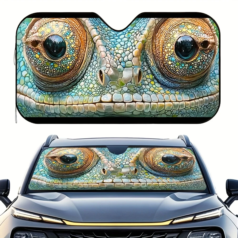 

1pc Vibrant Chameleon Eye Print Car Sunshade - High-Quality Polyester, Foldable & Easy To Install, Keeps Your Car Cool, 4 Suctio