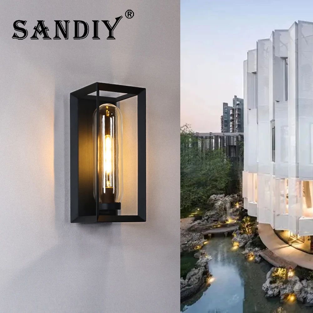 SANDIY Outdoor Wall Lights External Sconce Lamps Surface Mount Balcony Terrace Luminaries Yard Street Lighting Cubic Glass ip65