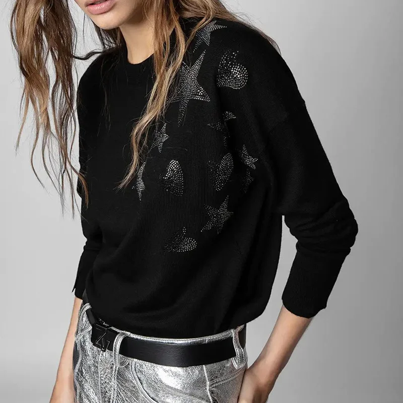 

Women Black Pullover Star Diamonds Knit Sweater Female Long Sleeve Crew Neck Cashmere Top Lady Winter Thin Sweater Casual Jumper