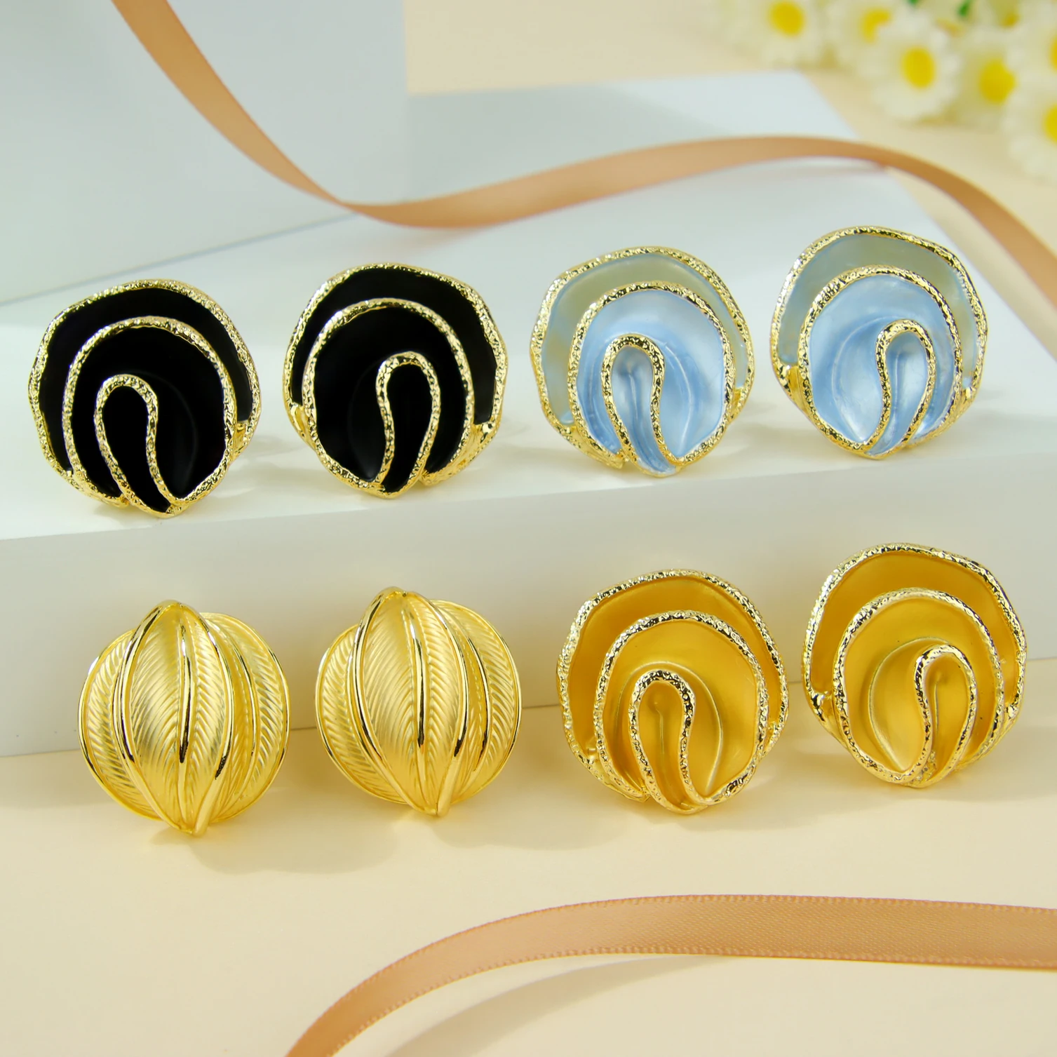 Fashion Enamel Wave Stud Earrings Gold Color Hypoallergenic European Statement Geometric Earring Women Anniversary Jewelry