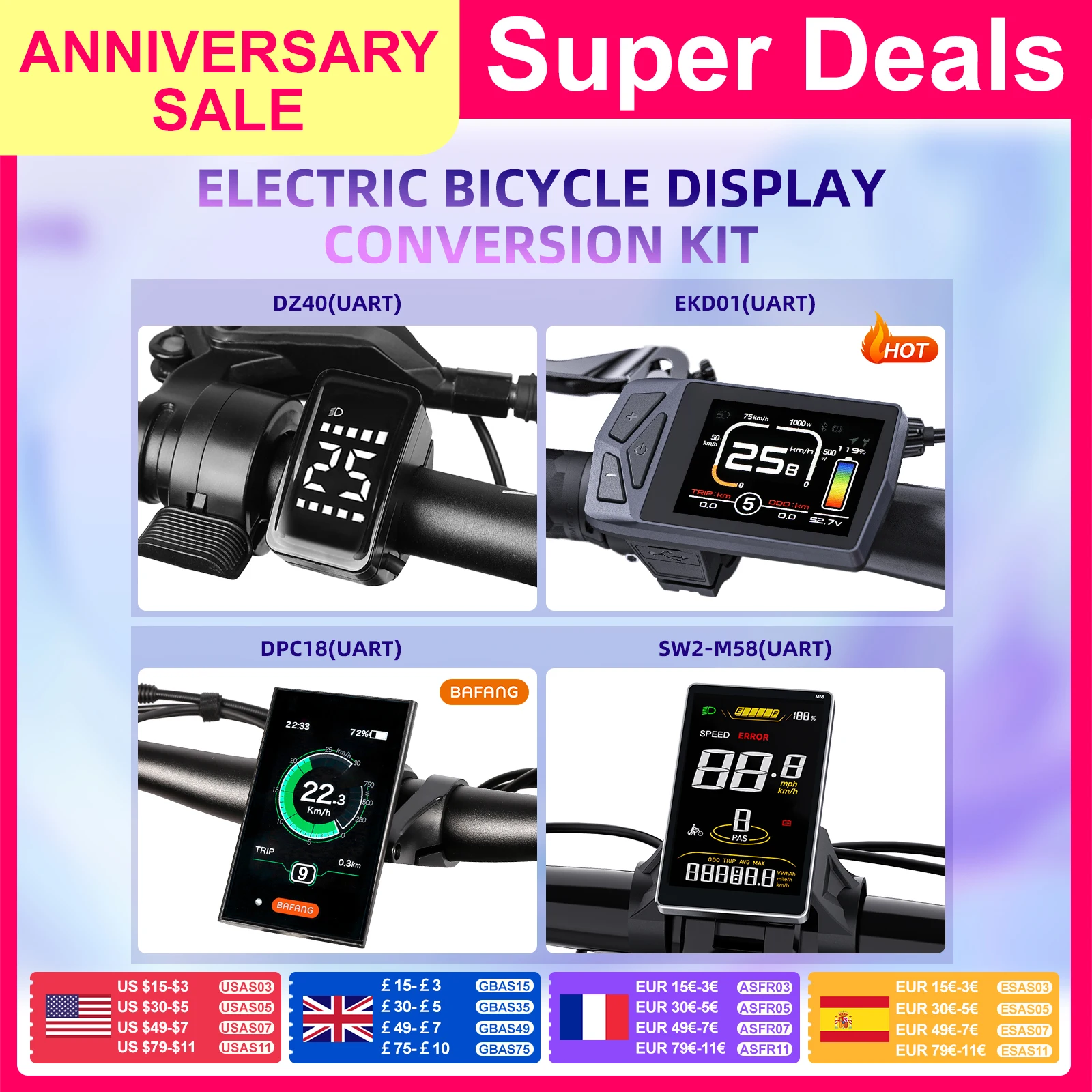 Bafang UART protocole d'affichage 36V 48V 52V EKD01 ordinateur Bluetooth DZ40 DPC18 SW2-M58 Instrument LCD pour Hub moteur central Kits de vélo électrique