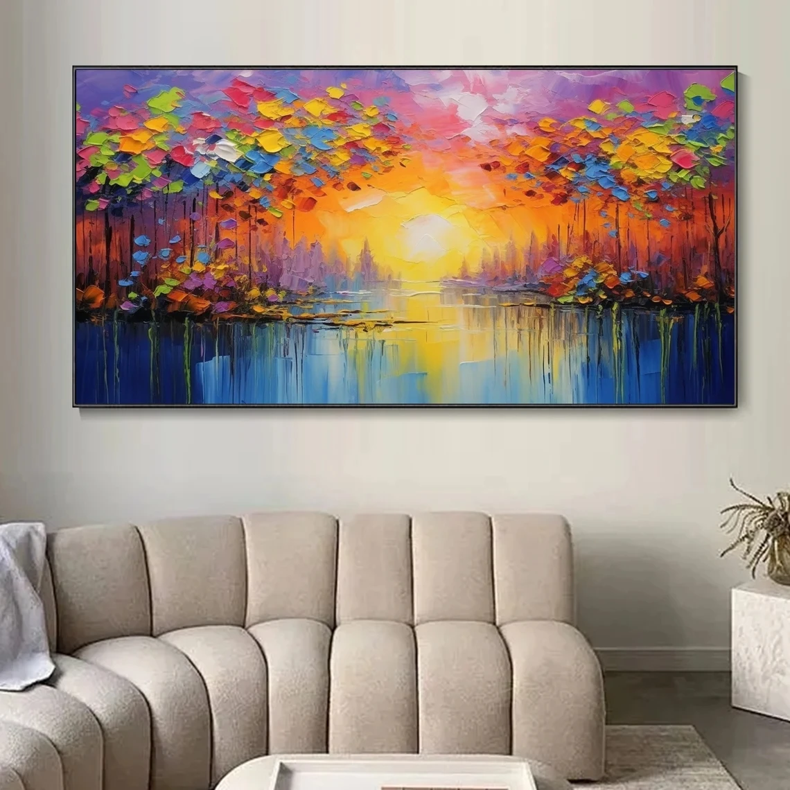 

Hand Painted Landscape Art Oil Painting Forest Lake Palette Knife Canvas Artwork Abstract Sunset Mural Bohemian Picture on Wall