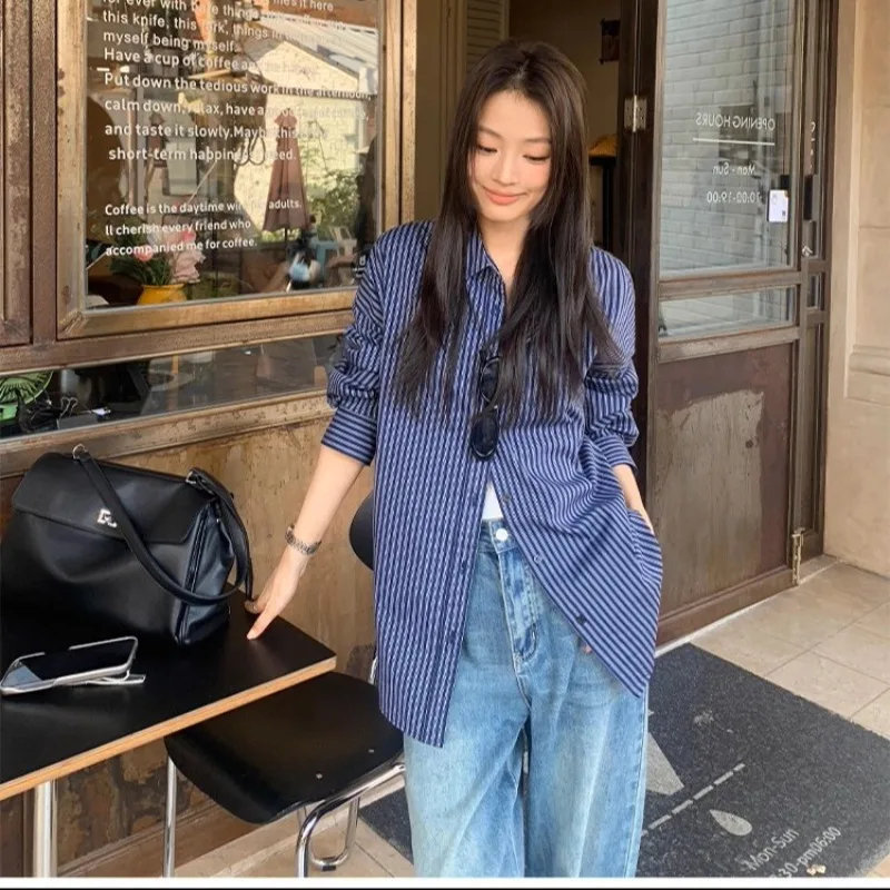 

Vintage Women's Blouses Striped Shirts Fashion Loose Summer Korean Clothing Long Sleeved Chiffon Women Tops