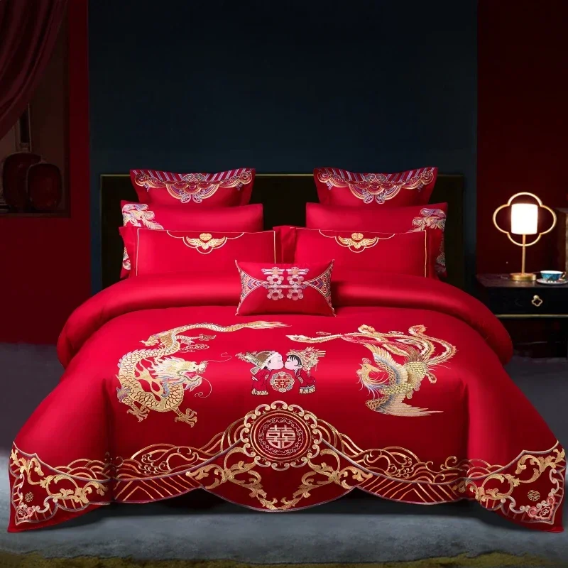 

Wedding Four-Piece Set Embroidered Dragon and Phoenix Wedding Festive Red Quilt Cover Bed Sheet Wedding Room Bedding